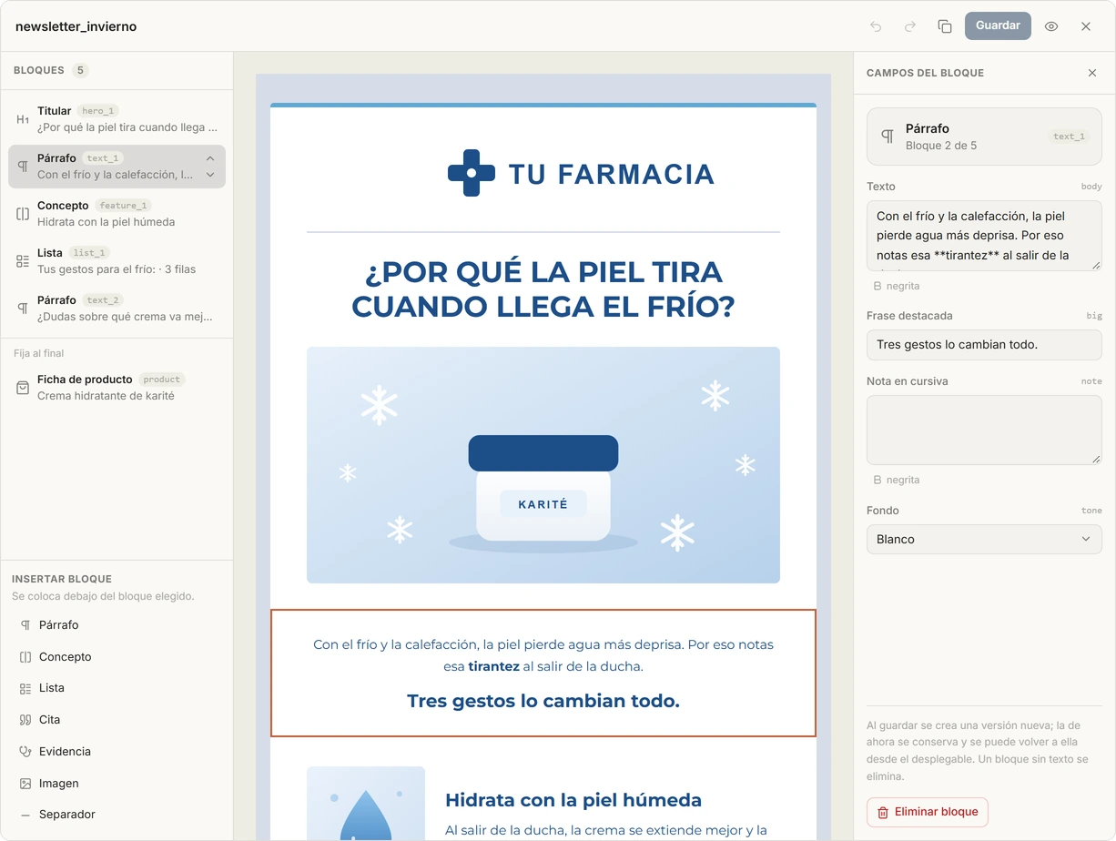 El editor de newsletters: a la izquierda la lista de bloques, en el centro una newsletter de ejemplo de «Tu Farmacia» con un párrafo elegido, y a la derecha los campos de ese párrafo.